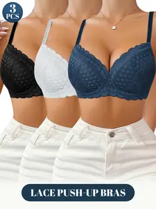 Women's Lace Floral Breathable Underwire Bra Set, Adjustable Straps, Medium Support, Full Coverage, Fit, Elegant Style, All Seasons, Underwear