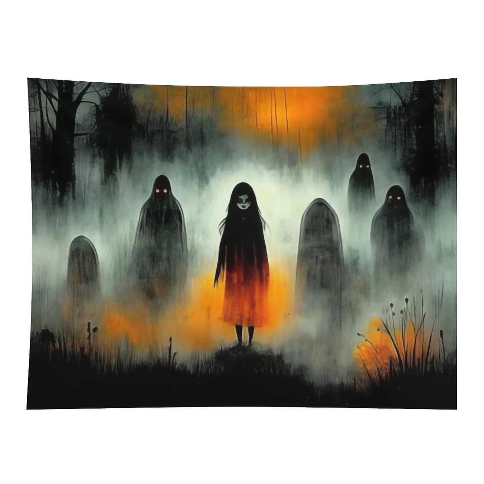 Spooky Halloween Ghost Witch Graveyard Foggy Forest Wall Tapestry Dark Creepy Horror Themed Wall Hanging For Gothic Room Decor