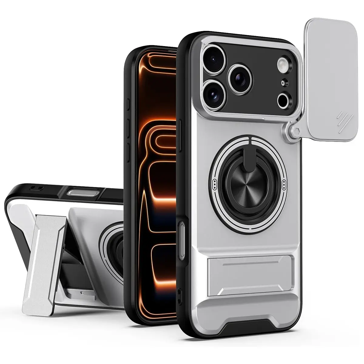 Luxury Hard PC Shockproof Phone Case, 360° Rotatable Ring Kickstand Slide Camera Lens Cover, Compatible with iPhone 17 Air 16E 15 14 13 12 11 Pro Max Plus