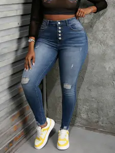Plus-size women's high-elastic high-waist fashion washed jeans with button placket, ripped design, slim fit and skinny style. Fashionable and slim, suitable for all seasons and all-day wear.