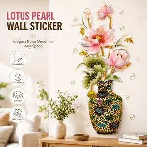 Lotus Pearl Wall Sticker Indian Boho Home Decor Living Room Entrance Backdrop Easy Install Removable Decals for Elegant Spaces 2 Sheets 30x90cm Waterproof Flower