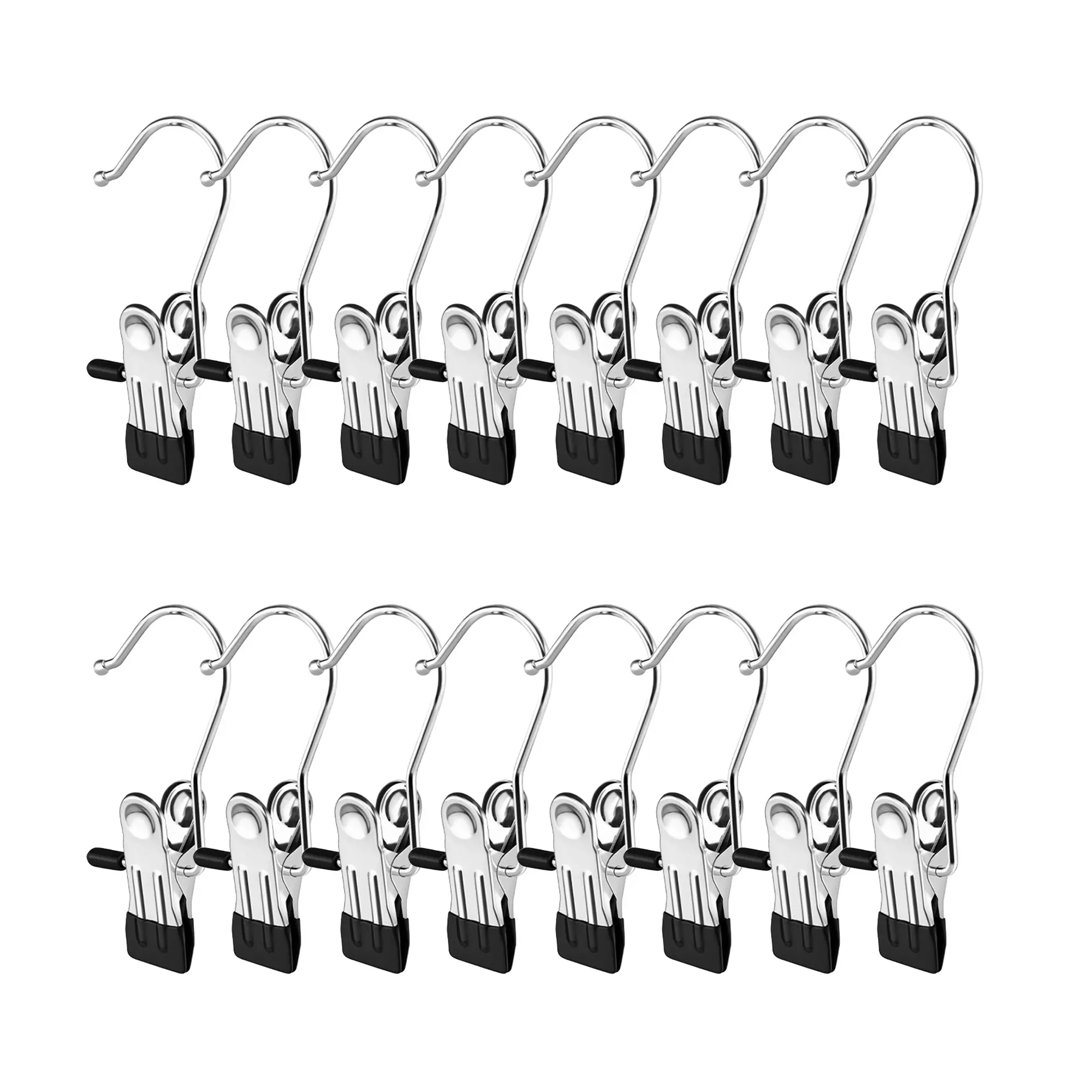 16-Count Stainless Steel Anti-Rust Clothespin Clips - 4.1 Inches, 360-Degree Rotating, Waterproof Lightweight Home Organizer Hangers with Hat Shape Hooks for Bathroom, Camping, Towel Storage
