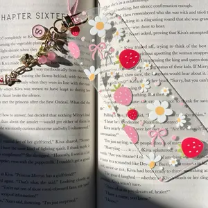 Strawberry Daisy Clear Acrylic Bookmark Pink Coquette Book Marker for Romance Readers with Floral and Berry Charms