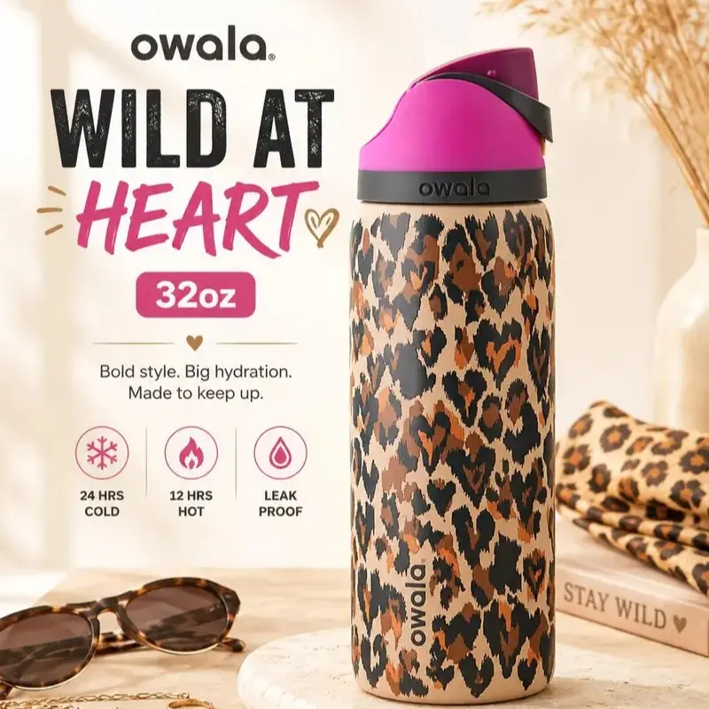 Owala Leopard Print Insulated Water Bottle, 32oz Stainless Steel Travel Bottle with Leakproof Lid, Double Wall Vacuum Insulated Reusable Water Bottle for Gym, School, Office & Outdoor Use