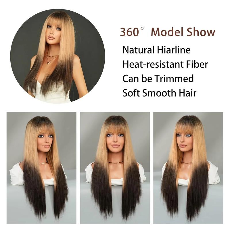 Long Straight Ombre Blonde Black with Bangs 28 Inch Ash Blonde Half wig with Dark Roots and Black Hair Tail Dye Natural Synthetic Layered Heat Resistant Wig for Women Daily Party Use