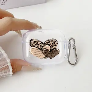 Leopard - Heart Charm Pattern TPU Soft Protective Case for Apple AirPods 4/3/2/1/Pro/Pro2 Transparent Earphone Cover with Keychain Attachment