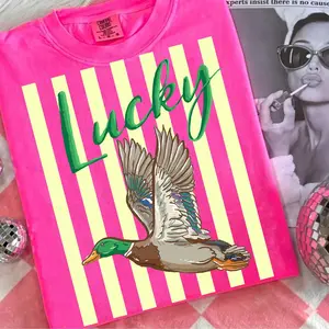 Striped Neon Lucky Duck Comfort Colors, Summer Bay Coastal Shirt,, Retro Flying Mallard Duck Tee