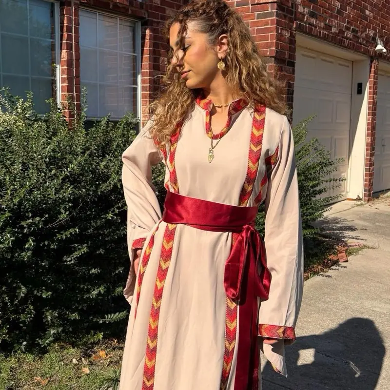 Red and Beige Thobe with Red Belt - Traditional Middle Eastern Clothing for Women