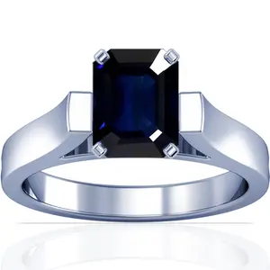 Blue Sapphire Emerald CutProng Set Solitaire Ring - (14k White Gold)- R63909REBS