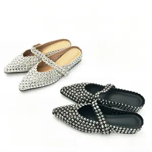 Women's Light Luxury Diamond-Studded Pointed-Toe Strap Half-Slip-On Flats, Elegant, All-Season, Versatile for Commuting and Parties