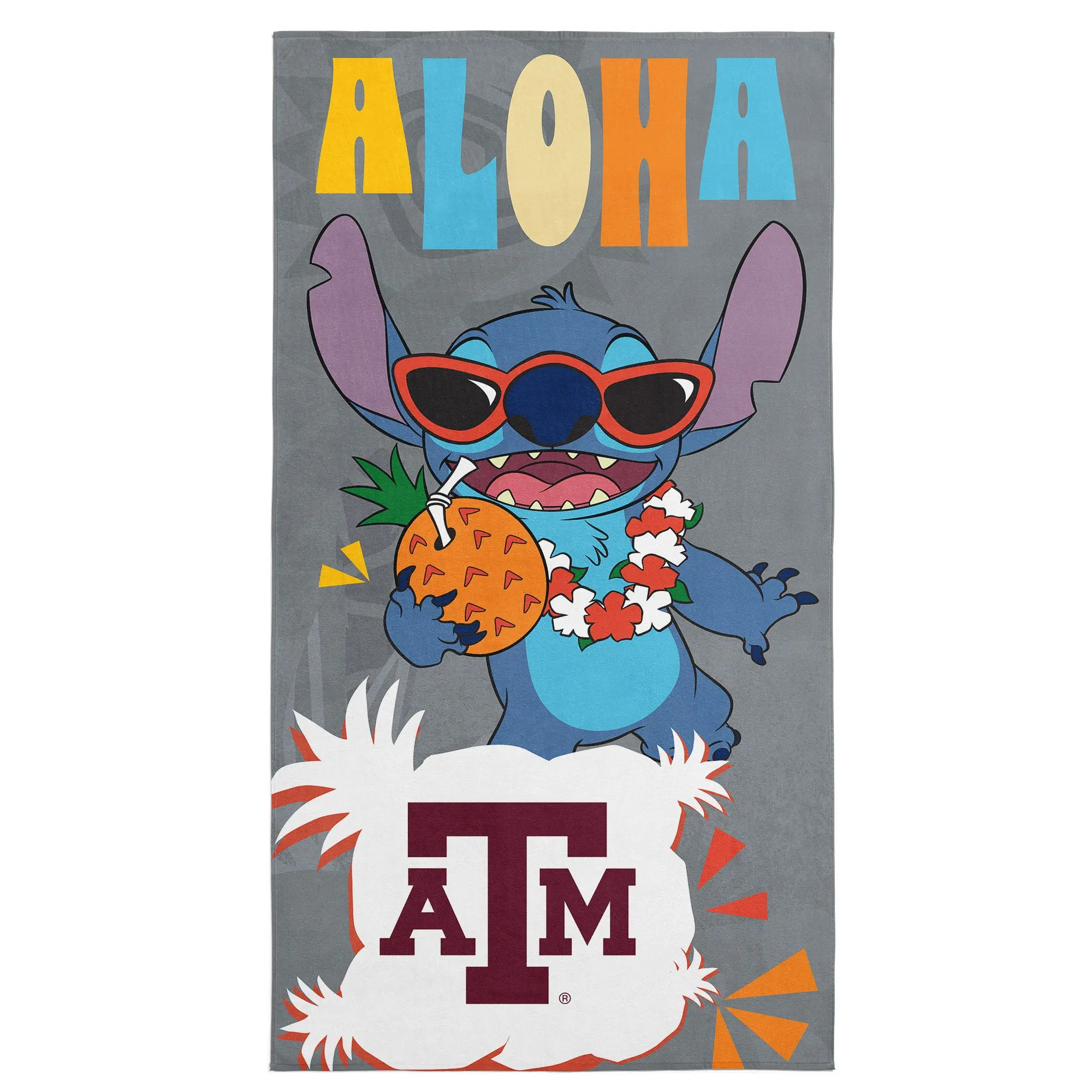 Collegiate Texas A&M University Disney Lilo & Stitch Tropic Grey Microfiber Beach Towel 30x60 inches
