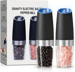 Electric Salt & Pepper Grinder Set of 2 | Gravity Automatic Grinder | Battery Powered with LED Light | Adjustable Coarseness | Black Kitchen Gadgets Utensils
