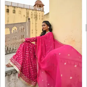 Magenta pink Georgette Foil print Kurta with Dupatta