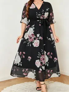 French Chic Plus Size Rose Print Dress, Tie Waist A-Line Long Dress, Perfect for Office, Dates, Travel, Slimming Effect