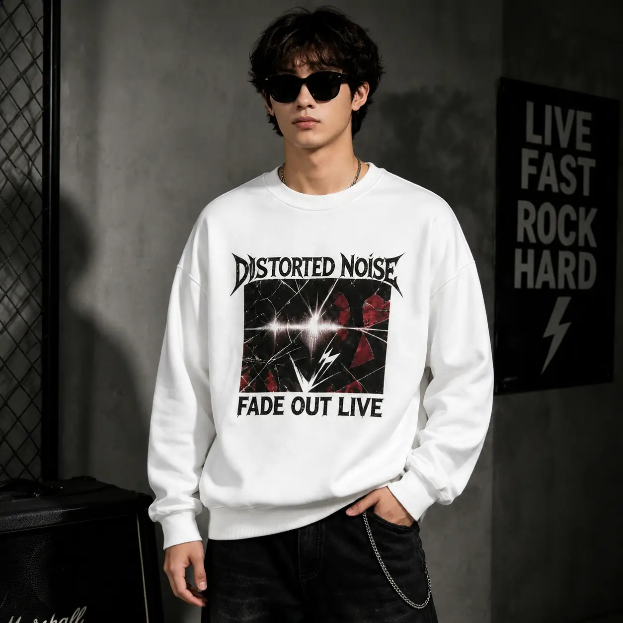 Men's Vintage Rock Band Crewneck Sweatshirt - Distressed Concert Graphic Oversized Pullover, Soft Cotton-Polyester-Spandex Blend Streetwear Casual Top