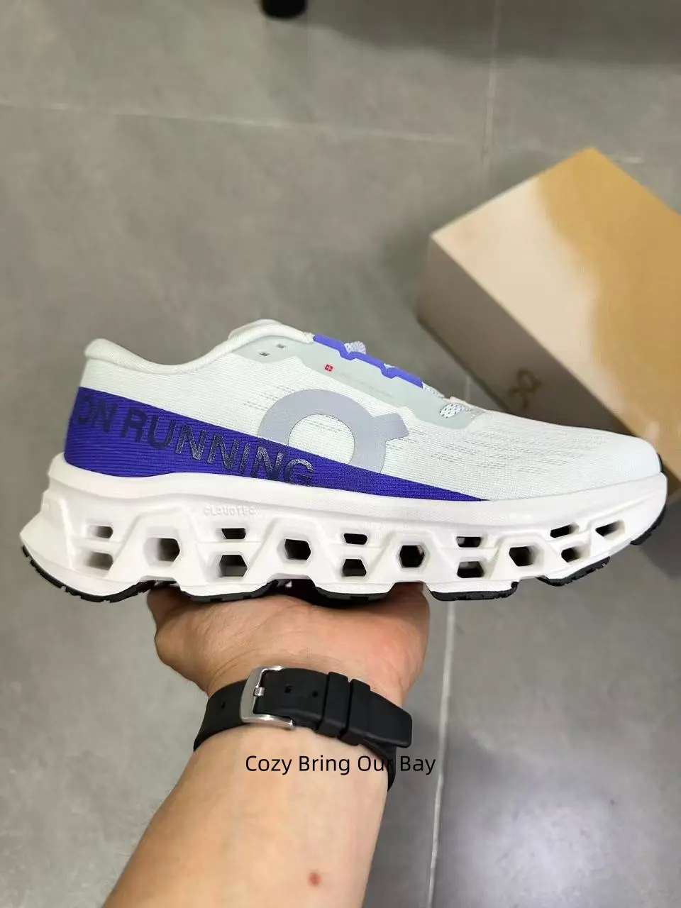Fresh two-tone chunky tech athletic sneakers with hollow carved white cushion sole, fully ventilated milky woven mesh, bold royal blue accent lifts minimalist neutral spring sport outfits, shop now