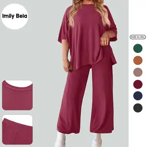 Imily Bela Women's Plus Size 2-Piece Lounge Sets - XL-5XL Short Sleeve Tops, Wide Leg Pants Tracksuit with Pockets, Basic Casual Pajamas Nightwear