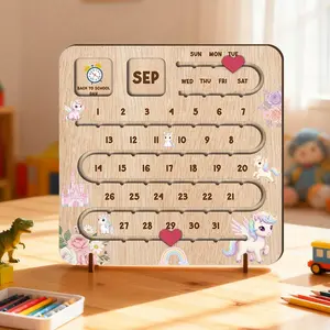 Multi layered Sliding Design Wooden Calendar, Featuring 12 Months and Important Festival Logos, Rainbow Pony Calendar Board, Interactive Daily Calendar Board for Home & Office Decor