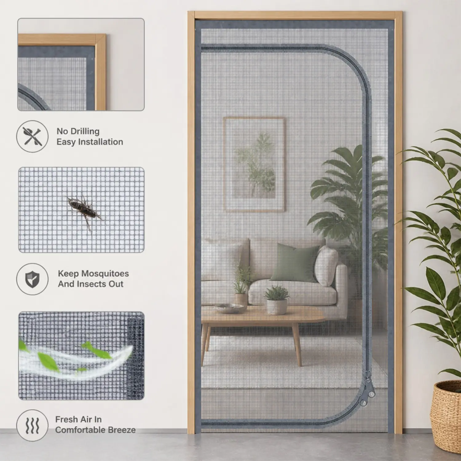 Zipper Soft Mesh Door Curtain, Mosquito Proof Breathable Screen, Home Divider for Kitchen Balcony, Cat Barrier, Easy Installation, No Drilling Required