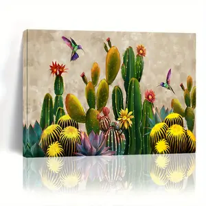Vintage Cactus Canvas Wall Art - Large Wooden Frame Print, Tropical Floral Print for Living Room, Bedroom, Kitchen, and Office Decoration, Perfect Gift Choice