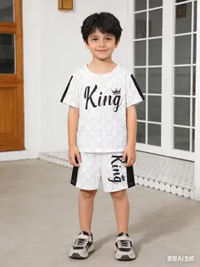 Children Summer Round Neck Two-Piece Set Letter King Crown, Casual Sporty Short Sleeve Shorts Set, Kids Fashion Clothing, Outfit Set