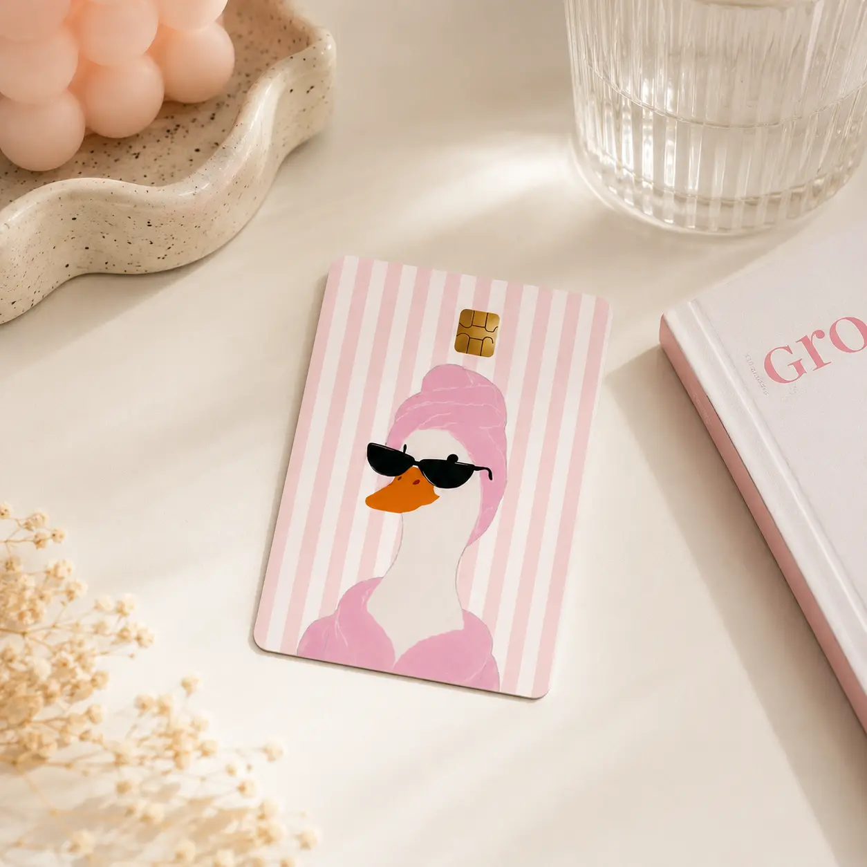 (2pcs per pack) Cute Goose Card Skin Sticker, Pink Spa Bird Card Wrap, Funny Animal Vinyl Card Cover, Aesthetic Wallet Accessory, Gift for Women Girls