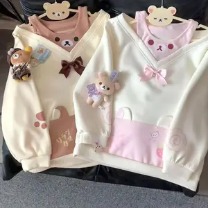Kawaii Bow Top Y2K Printed Sweet Hoodie Women Autumn Cute Carton Anime Cotton Long Sleeve False 2 Piece Sweet Girls Hoodies