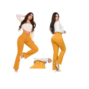 Premium Colombian jeans for women, no pockets, push-up effect that enhances the buttocks, high-waisted elasticated stretch fabric with a 4-button waistband, slim fit with a sexy and elegant design that accentuates curves. Beautiful MUSTARD denim jeans