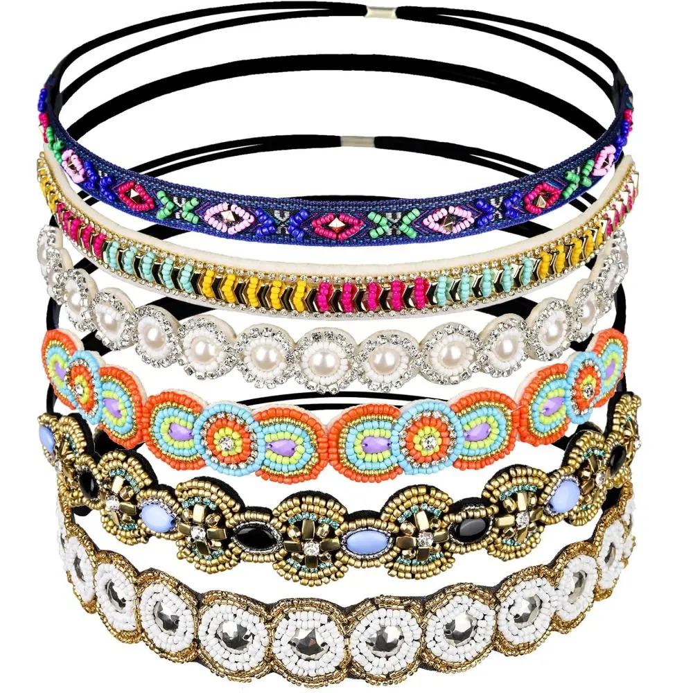 Set of 6 Boho-Chic Beaded Headbands for Women - Rhinestone  display picture 1