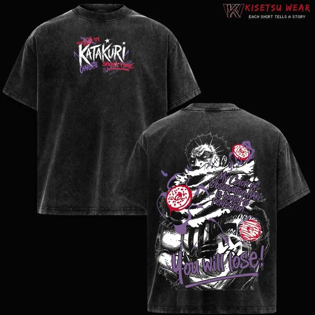 Charlotte Katakuri One Piece Oversized Graphic Tee Acid Washed Soft Cotton Anime T Shirt Casual Streetwear Top T1A