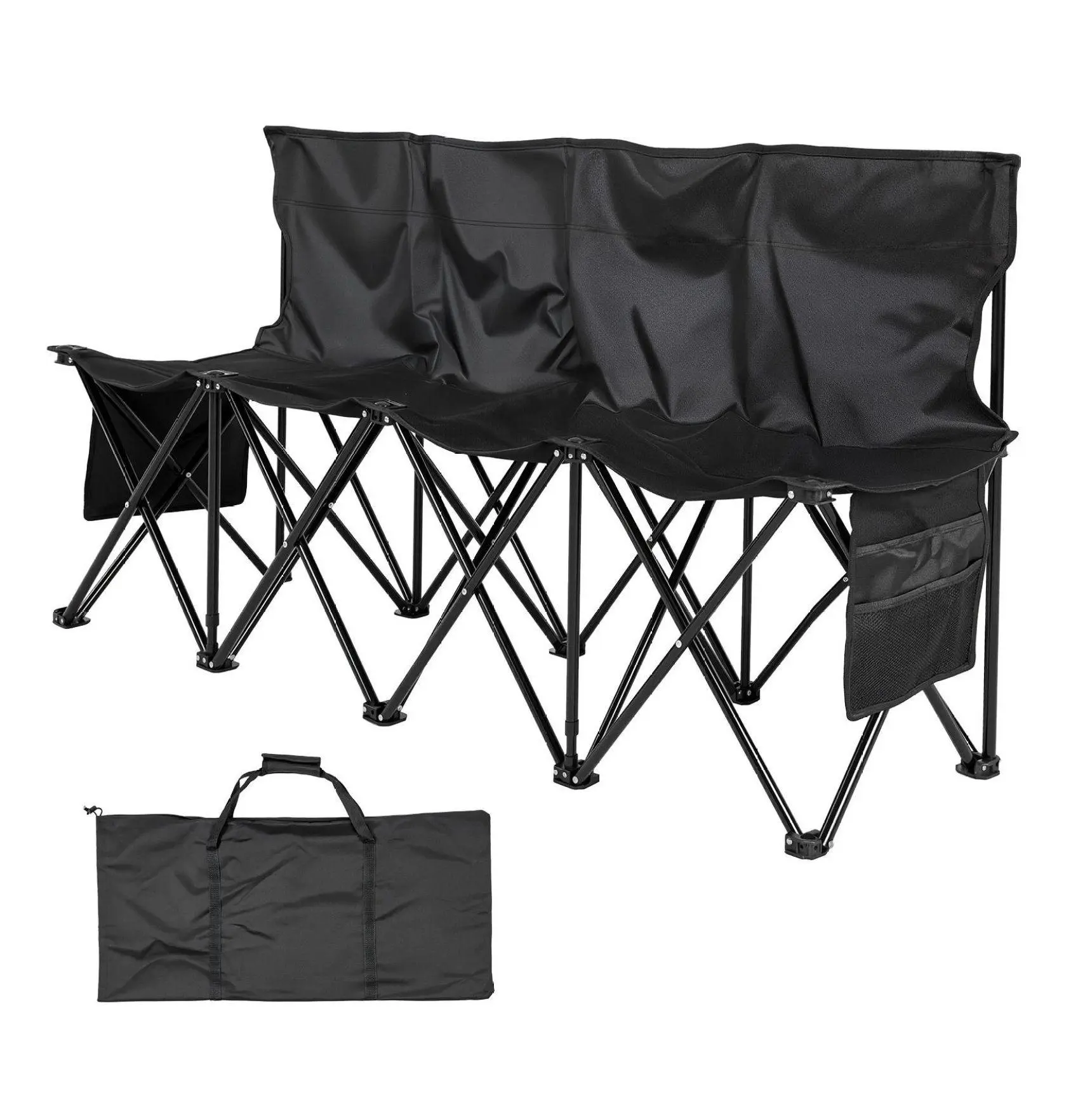 4 Seat Folding Bench - Portable Soccer Bench with Backrest & Pockets - Lightweight Sideline Seating for Football, Baseball, Camping, Outdoor Events - VEVOR, Black Default