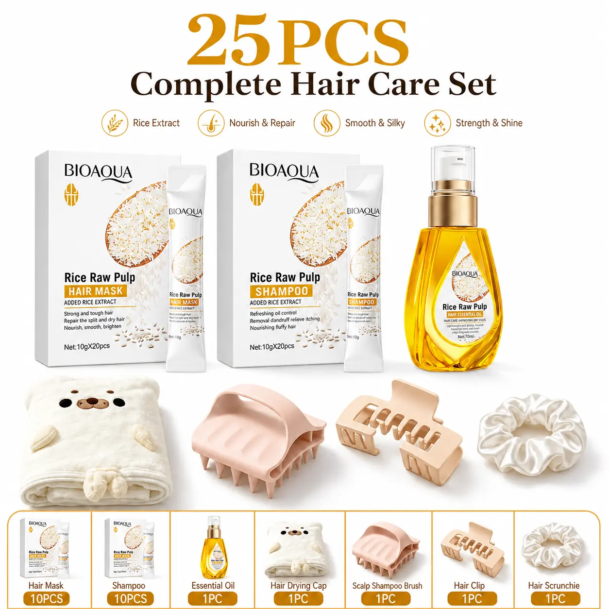 25-Piece Rice Hair Care Set, 10 Hair Masks, 10 Shampoo Packets, Rice Hair Oil, Scalp Massager Brush, Hair Drying Cap, Claw Clip & Scrunchie, Moisturizing & Smoothing Routine for Dry, Frizzy Hair