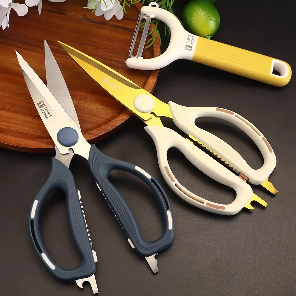 Buy 2 Get 1 Free Thick Silicone Handle Stainless Steel Multi-Purpose Kitchen Scissors Set - Great for Cooking, Meat Prep, Household Tasks, Perfect Gift (Includes Peeler)