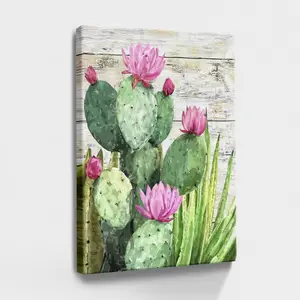 Flower Wall Art, Floral Wall Art, Nature Natural Green, Cactus, Pink Flowers, Lush Scene - Botanical, Impressionistic, Vibrant Colors, Textured Style, Wall Decor Poster for Room, Wood Framed Canvas Painting Photo Ornaments Artist Gifts 1pc