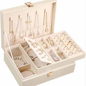 Voova Jewelry Box Organizer for Women Girls, 2 Layer Large Men Jewelry Storage Case, PU Leather Display Jewellery Holder with Removable Tray for Necklace Earrings Rings Bracelets, Vintage Gift,Apricot