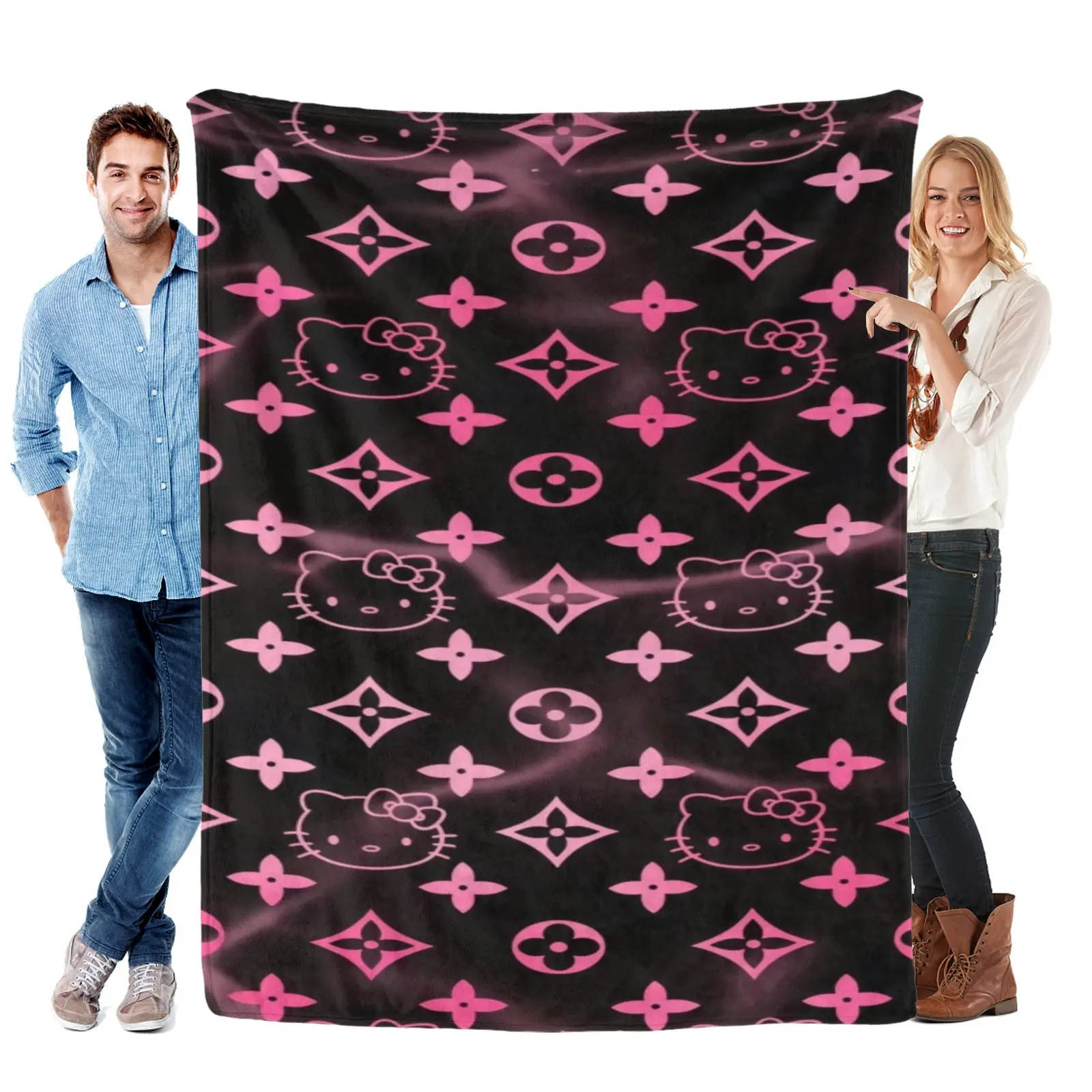 Sanrio Dark Pink Luxury Pattern Hello Kitty Blanket,Fluffy Fleece Throw,All Over Cartoon Cover For Dorm Bedroom,Gift For Fashion Ladies Kitty Fans