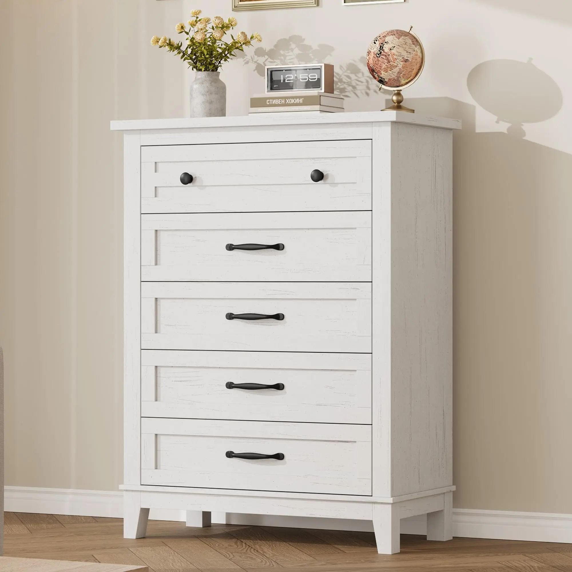 GARVEE 5-Drawer Vertical Wooden Dresser, 41.3" Tall Freestanding Storage Chest for Bedroom, Living Room, White