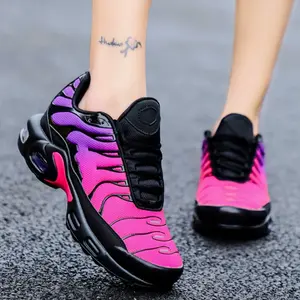 Neon Fuchsia Gradient Low Top Athletic Trainers Streamline Curved Upper Elastic Lace Design Shock Absorb Full Air Midsole Outdoor Workout Footwear