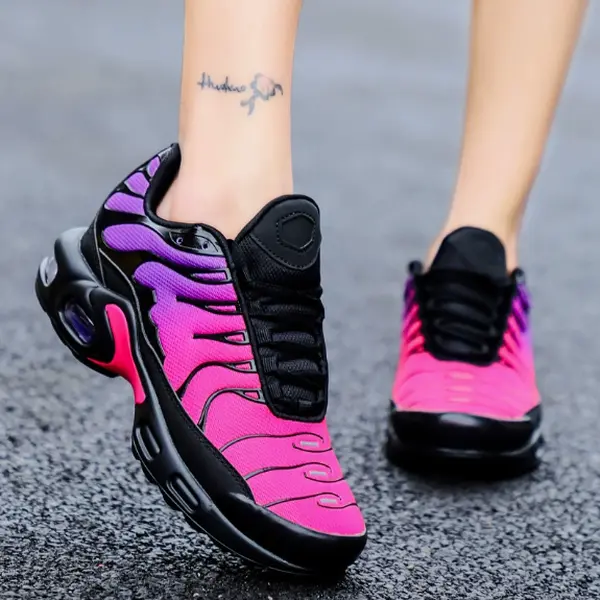 Neon Fuchsia Gradient Low Top Athletic Trainers Streamline Curved Upper Elastic Lace Design Shock Absorb Full Air Midsole Outdoor Workout Footwear
