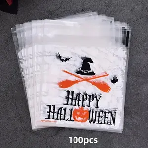 100pcs Halloween Gift Bags, Pumpkin Bat Letter Design, Self-Adhesive Storage Pouches, Jewelry Hair Clips Keychains, Party Supplies