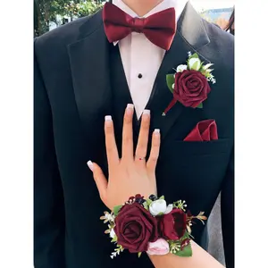Rinlong Corsage and Boutonniere Set Burgundy Bow Men