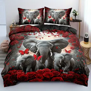 2/3pcs Elephant Bedding Set Red Rose Duvet Set Butterfly Quilt Cover Bedroom Decor Guest Room 2D Animal Flat Print (Includes 1 Duvet Cover + 1/2 Pillowcase, No Core)