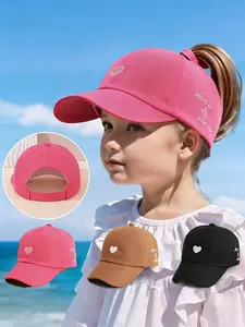 Sun Hat Spring Summer, Girls Baby Embroidered Heart Baseball Cap, Adjustable Sun Cap, Thin Breathable Ponytail Holder, Outdoor Play Travel, Ages 3-7