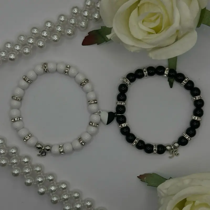 Matching Bracelets For Best Friends Or Couples With Initials And Magnet Hearts Simple Beaded Black And White Bracelets With Rhinestones couple bracelet