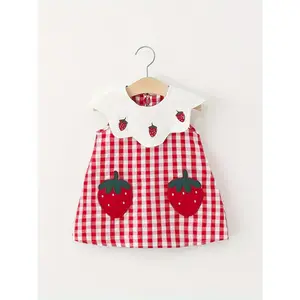 Summer Baby Girl Plaid Strawberry Dress Cute Doll Collar Toddler Clothing Sleeveless Casual Children's Wear 0-4 Years Old