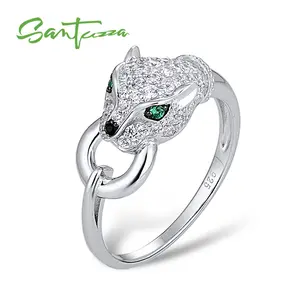 SANTUZZA 925 Silver White Cubic Zirconia Lab Created Green Or Black Spinel Leopard Ring Fine Jewelry