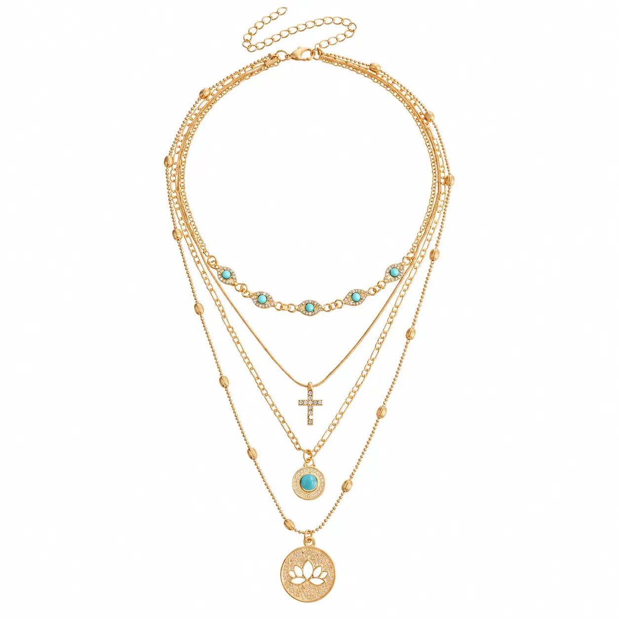 Layered Gold Necklace Set Evil Eye Turkish Eye Lotus Pendant Cross Charm Boho Stackable Jewelry Gift for Women