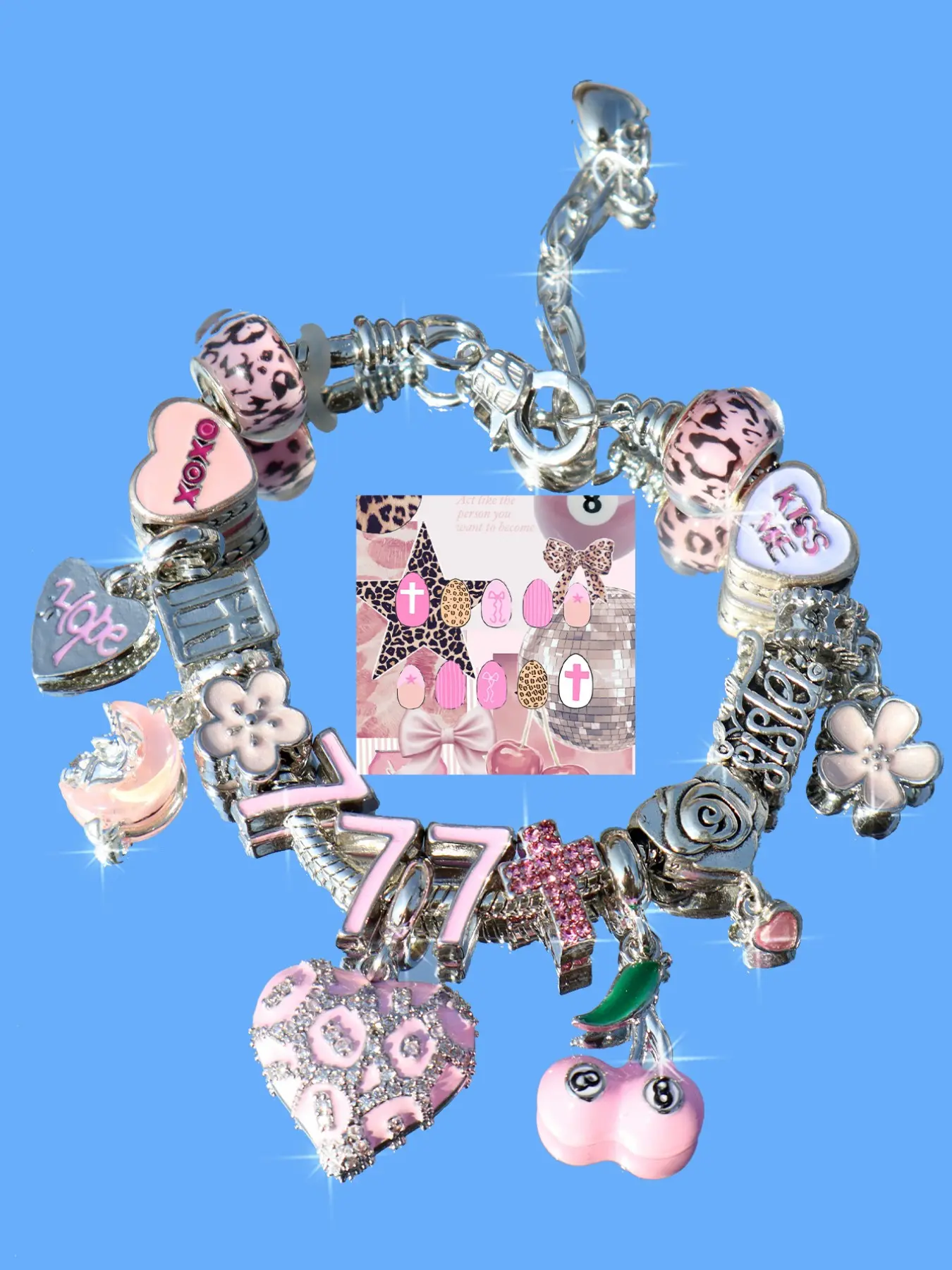 Lucky Number 777 Charm Bracelet, Cute Cherry Heart Bracelet, Leopard Print Heart Bracelet, Sakura Moon Bracelet, Xoxo Letter Bracelet, Fashionable Bracelet, Exquisite Trendy Bracelet, Alloy Heart Bracelets
