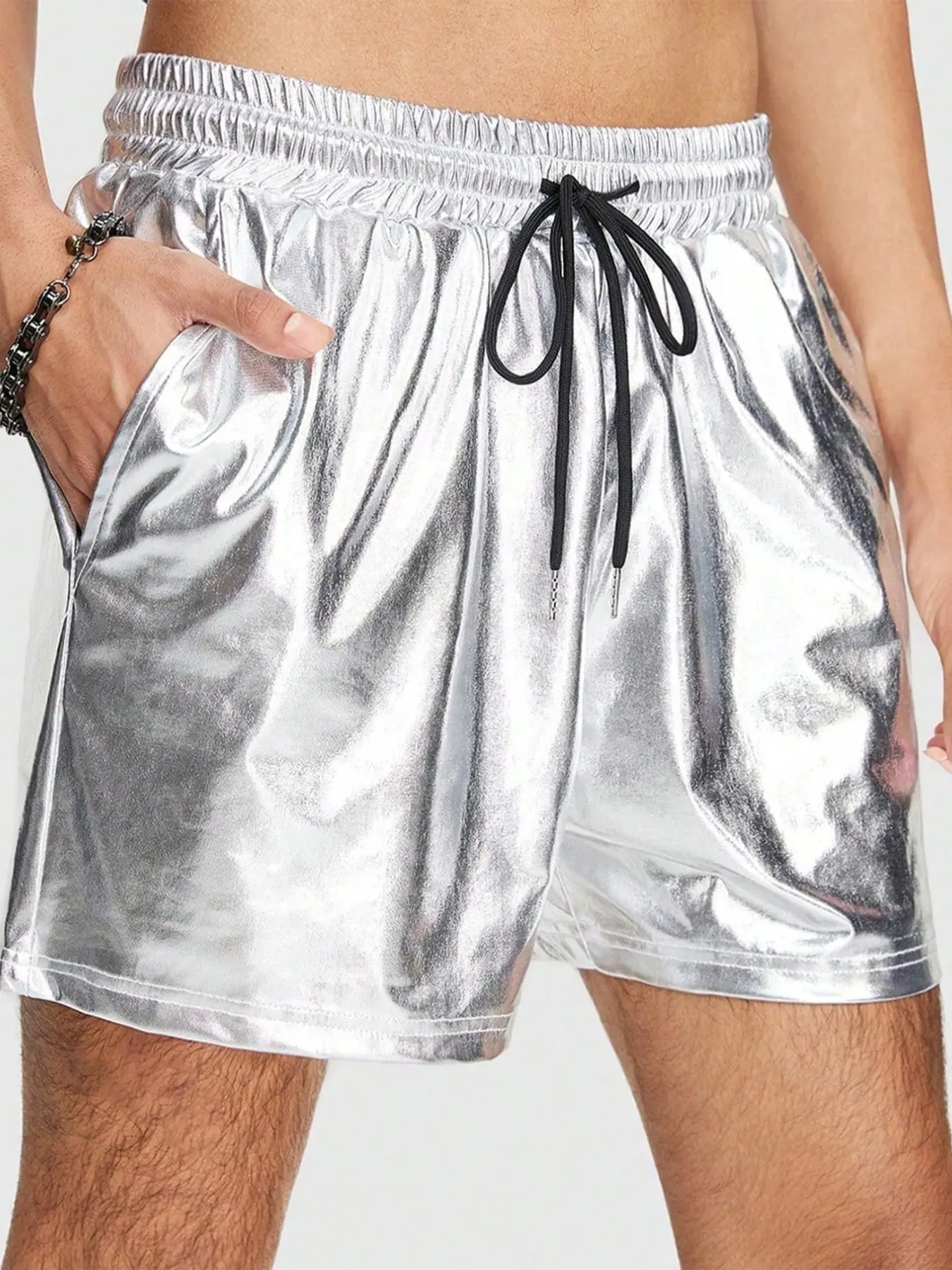 Trendy Men's Metallic Silver Loose Drawstring Waistband Shorts, Shiny Elastic Waist Casual Bottoms, Edgy Streetwear Shorts for Street Style, Rave & All-Day Daily Wear #MensStreetwearShorts #MetallicAestheticFashion #VersatileFestivalShorts