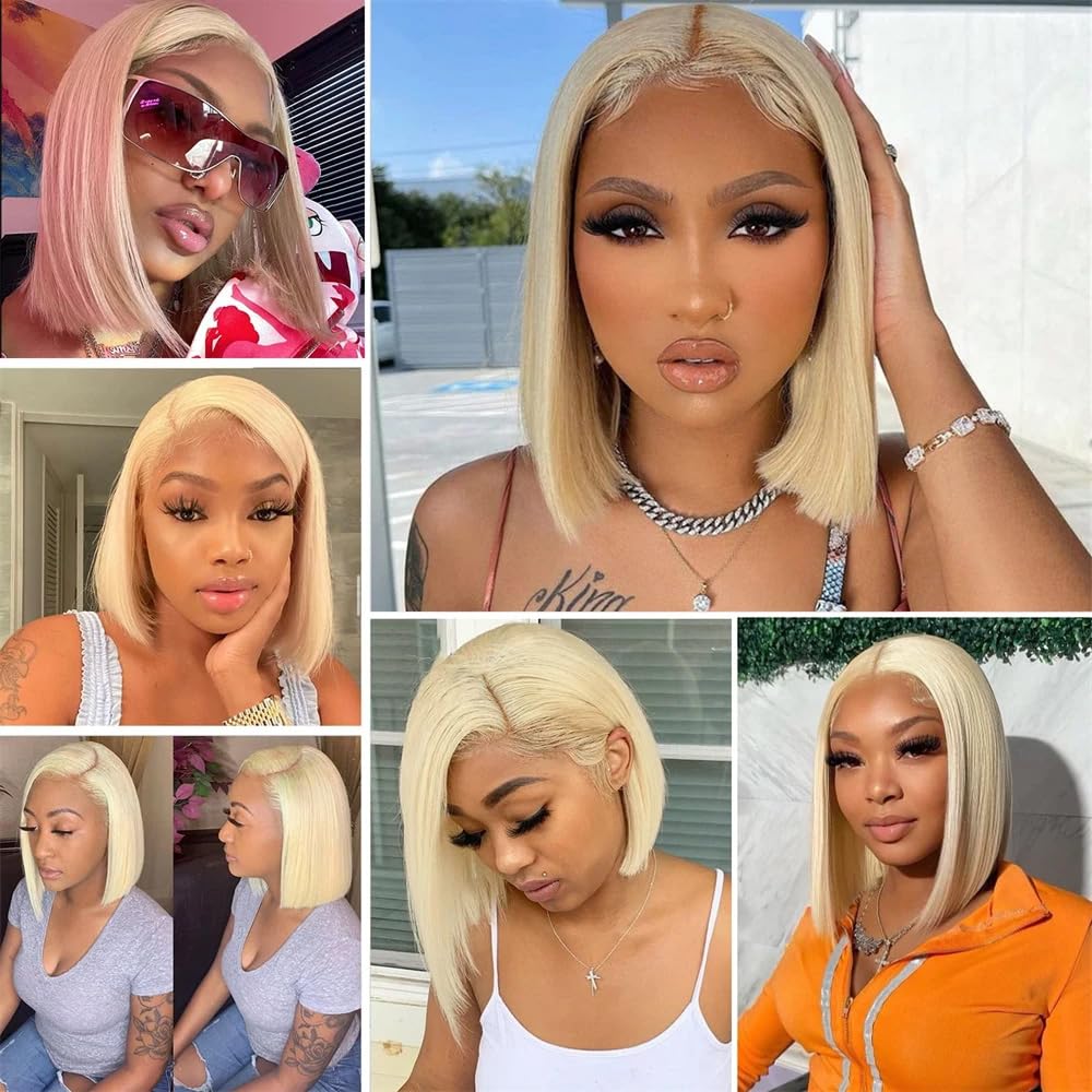 GK Blonde Bob Wig Human Hair Straight 613 Bob Wig 12 Inch 180 Density 13x4 Transparent Lace Wigs for Women Pre-Plucked with Baby Hair
